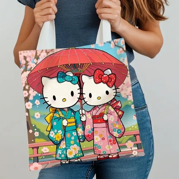 Hello Kitty Tote Bag - Pink and Green Kimono Design With Cherry Blossoms - Picture 2 of 4